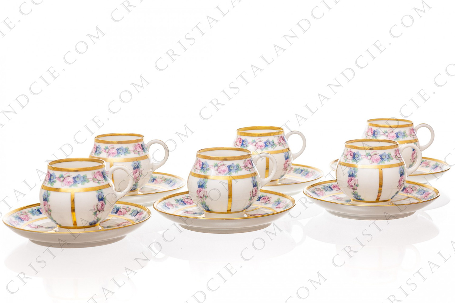 Set of six Art Deco coffee cups in china of Limoges by Legrand decorated with polychromes flowers photo-1
