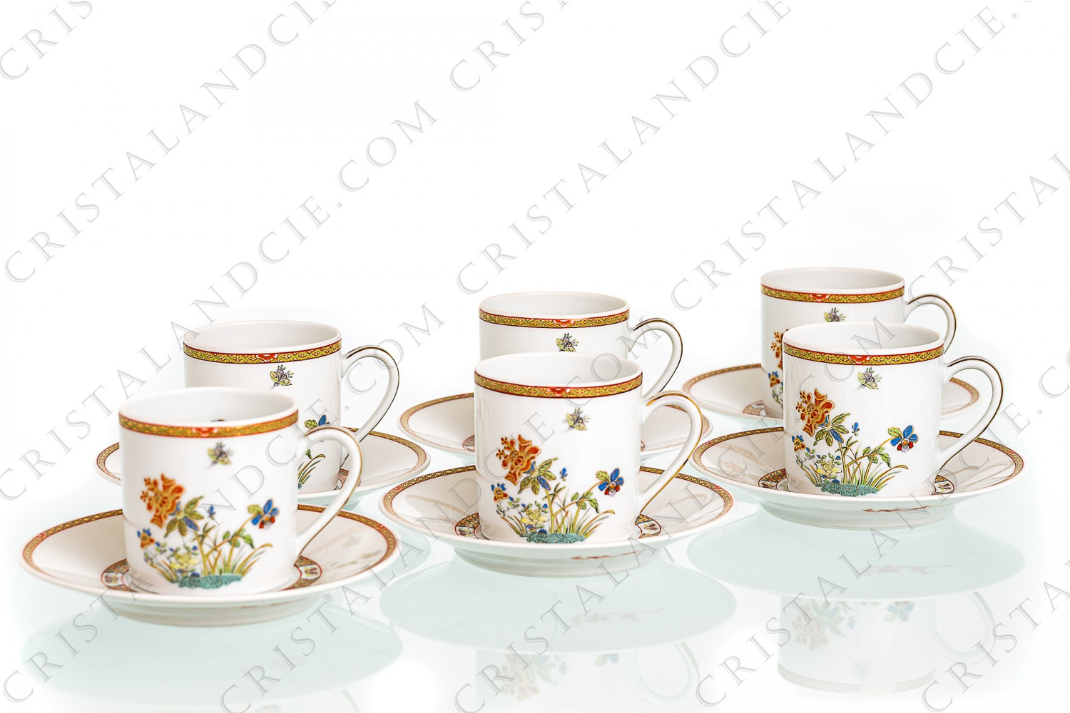 Set of six coffee cups in Limoges china by Bernardaud pattern Chef d Œuvre decorated with polychromes and gold flowers and butterflies and with friezes of flowers and butterflies, inspired by a pattern of the imperial china manufacture King-Tö-Tchen of the beginning of the 18th century photo-1