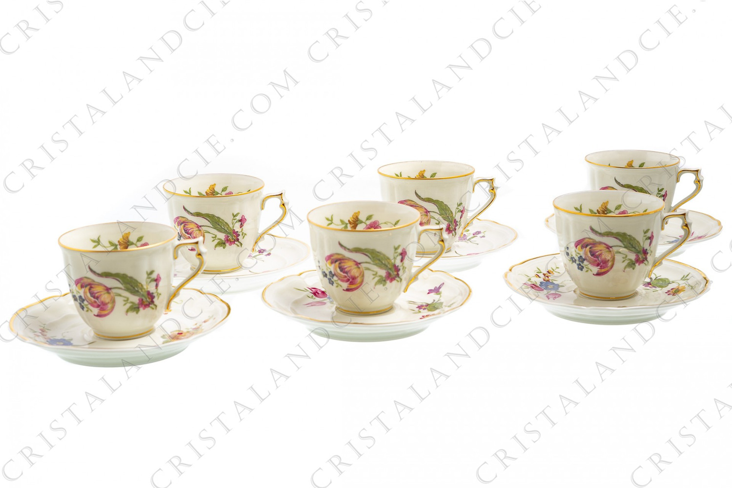 Set of six coffee cups in china of Limoges by Bernardaud shape Régence decorated with polychromes flowers photo-1