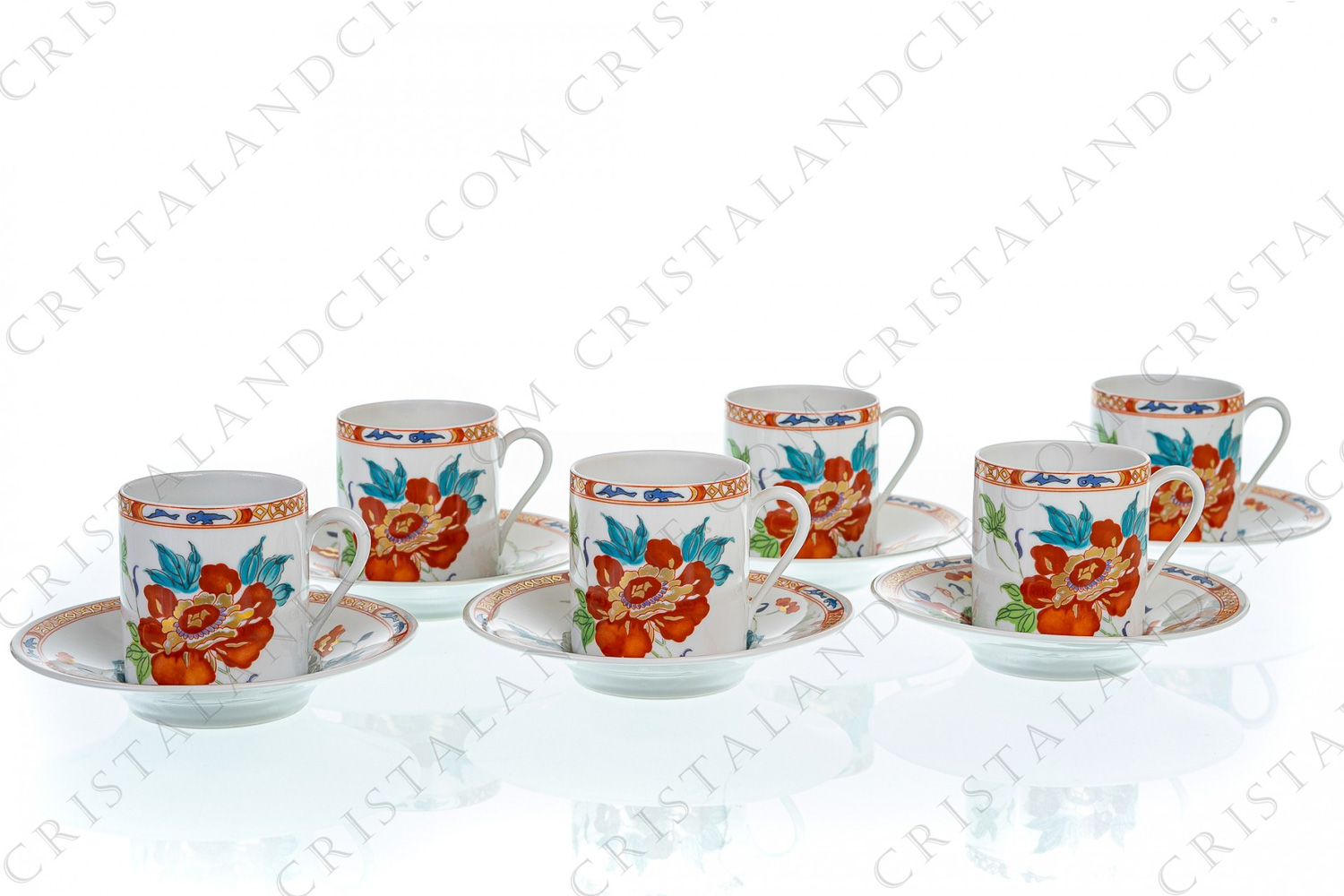 Set of six coffee cups in Limoges china by Raynaud pattern Hokusai decorated with gold and polychrome flowers photo-1