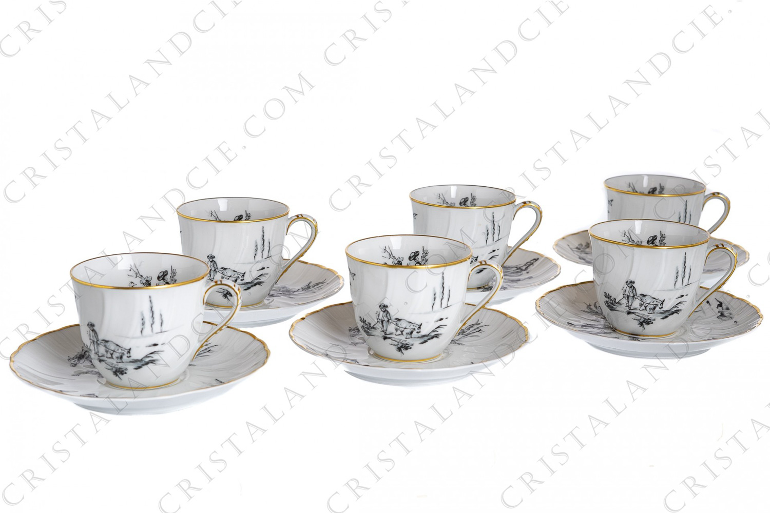 Série de six tasses à café en porcelaine de Limoges de la maison Bernardaud réalisé pour la maison Christofle modèle Marie-Antoinette à décor de scènes champêtres en grisaille d après un dessin du peintre Paul Huet réalisé pour la reine Marie-Antoinette photo-1