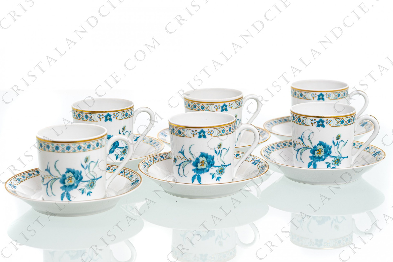 Set of six coffee cups in Limoges china by Haviland, pattern Nankin decorated with blue and gold flowers photo-1