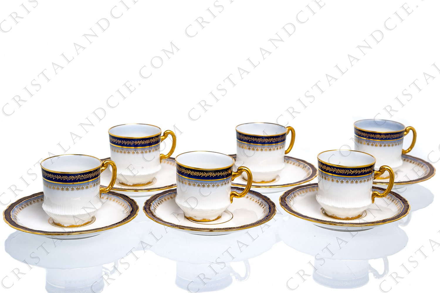 Set of six coffee cups in Limoges china by Theodore Haviland decorated with hand painted cobalt blue and gold photo-1