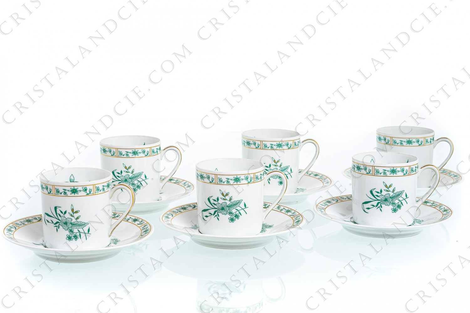 Set of six coffee cups in Limoges china by Bernardaud pattern Pekin decorated with green gold enhanced flowers photo-1
