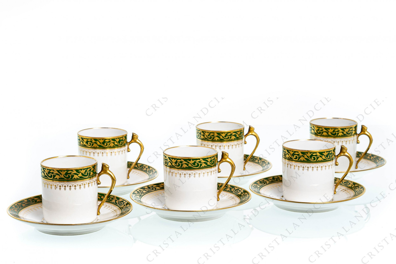 Set of six coffee cups in Limoges china by Chabrol and Poirier decorated with a gold frieze of plant arabesques on a green border photo-1