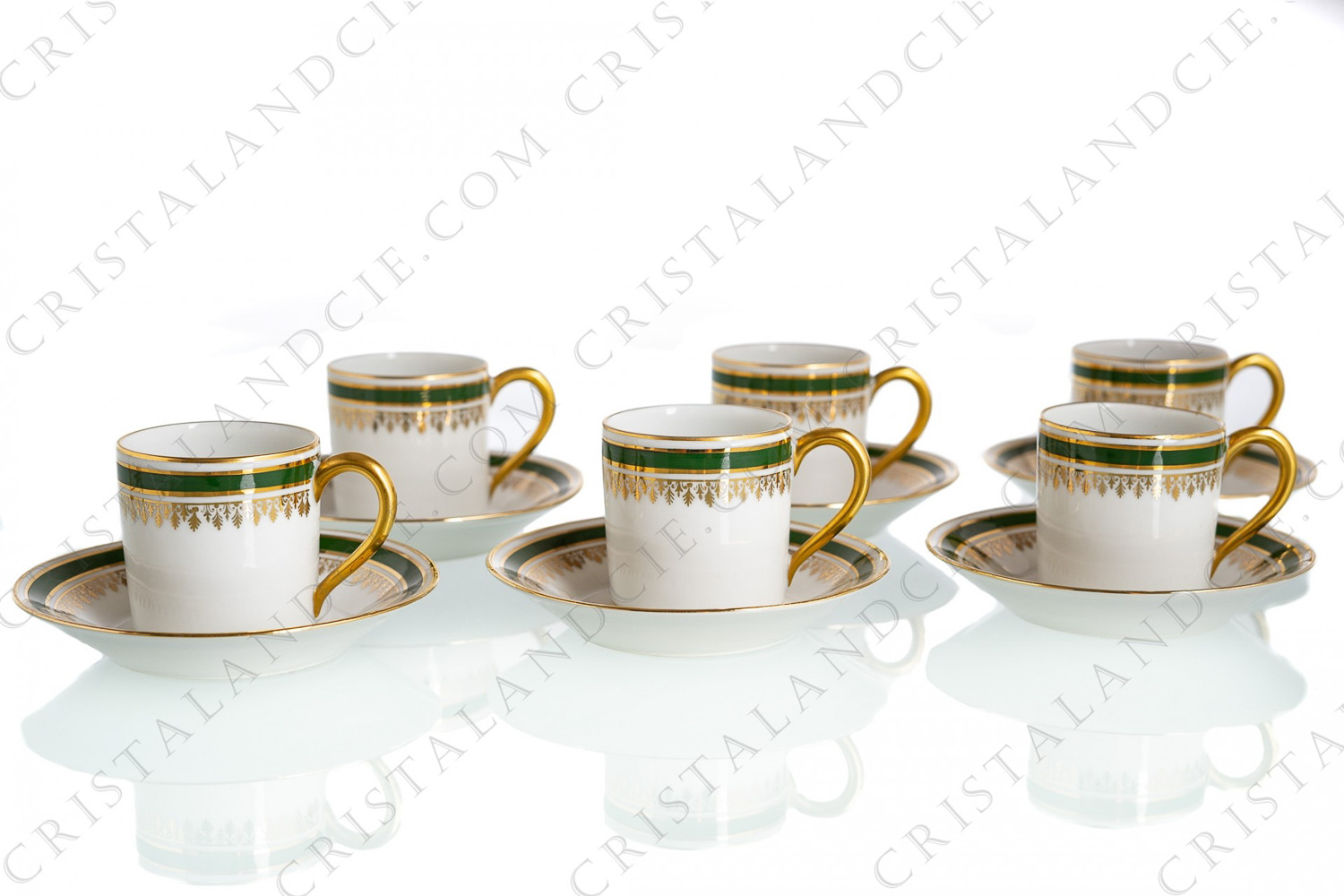 Set of six moka cups in china of Limoges decorated with a green stripe and a gold frieze photo-1