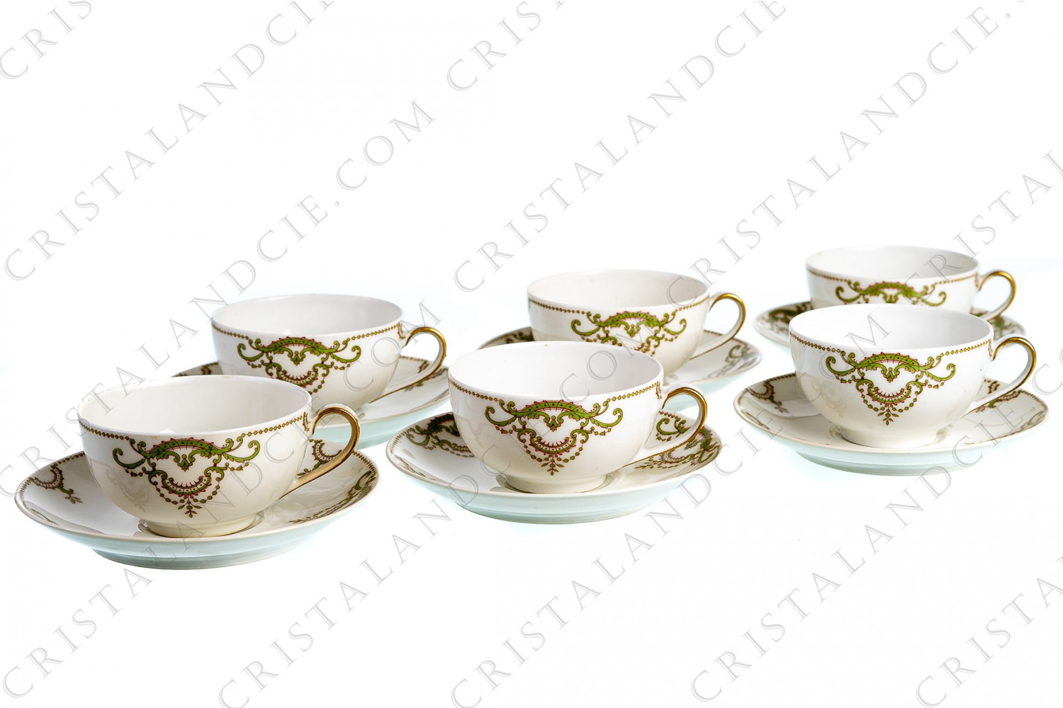 Set of six tea cups in Limoges china by Théodore Haviland decorated with green and gold acanthus leaf foliage photo-1