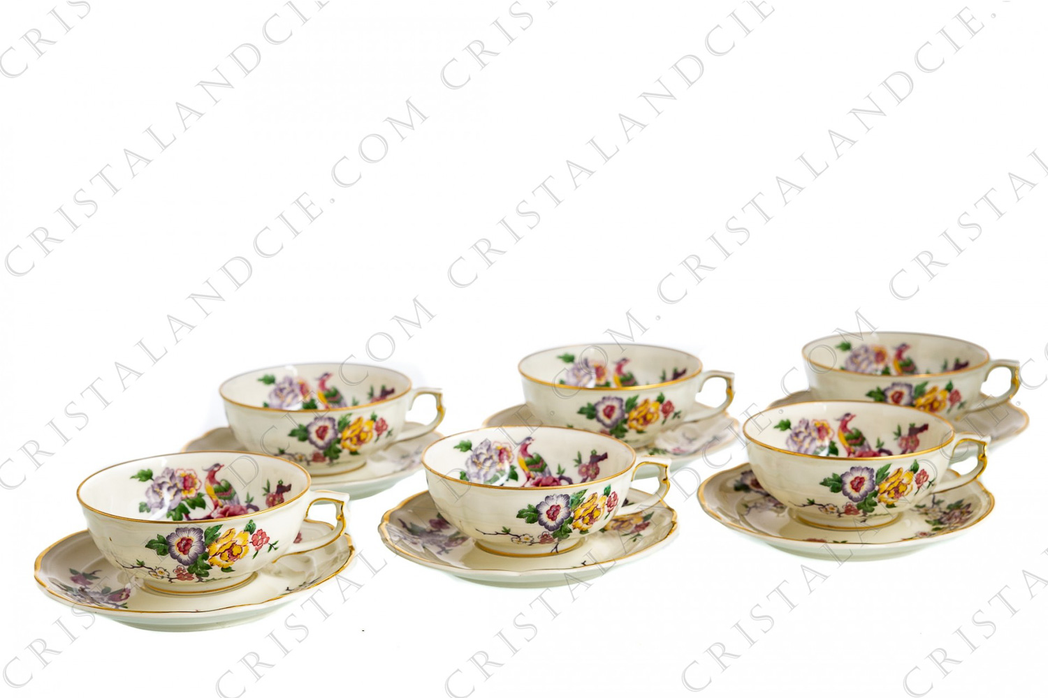 Set of six tea cups in china of Limoges by Bernardaud pattern Bengali decorated with polychromes flowers and birds of paradise photo-1