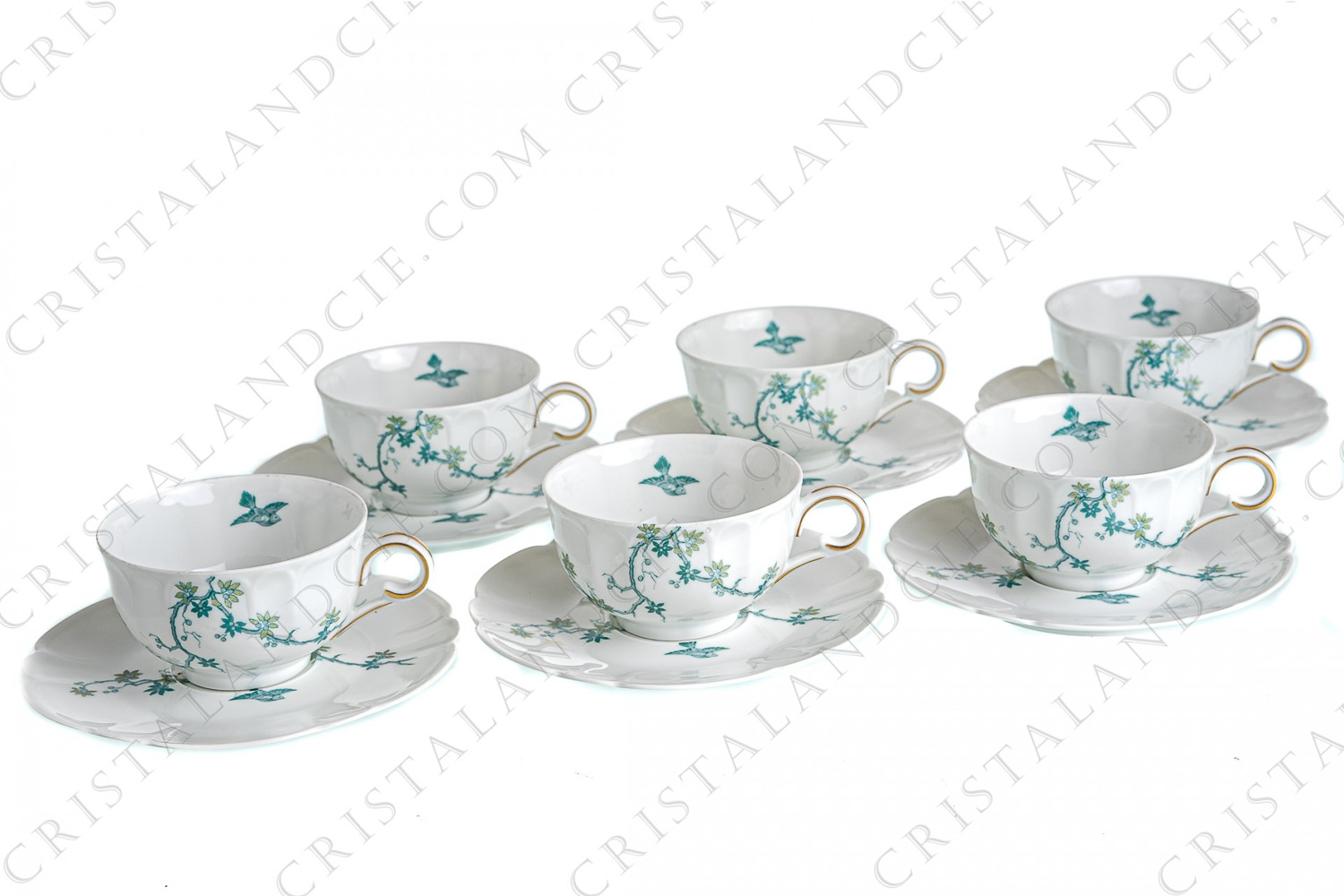 Set of six tea cups in Limoges china by Haviland and Parlon with a blue shades pattern of flowered branches and bird photo-1