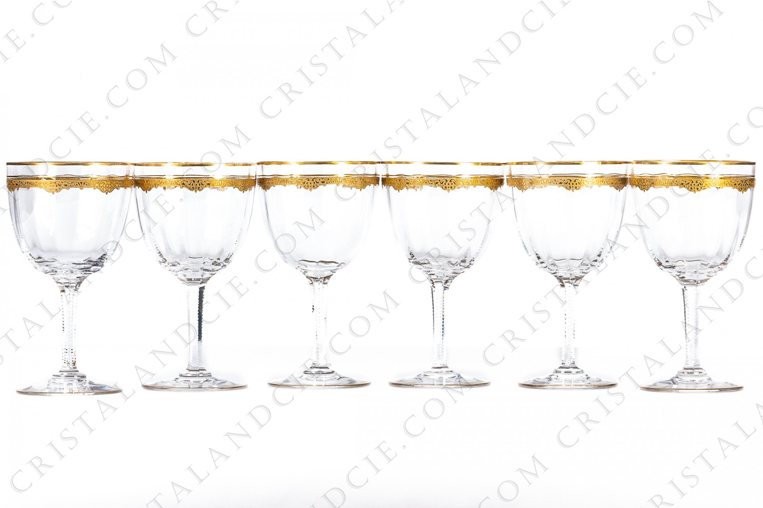 Set of six watergoblets n°2 in crystal probably by Saint-Louis decorated with venetian cut and friezes with gold inlays, the stem is decorated with flat cuts photo-1