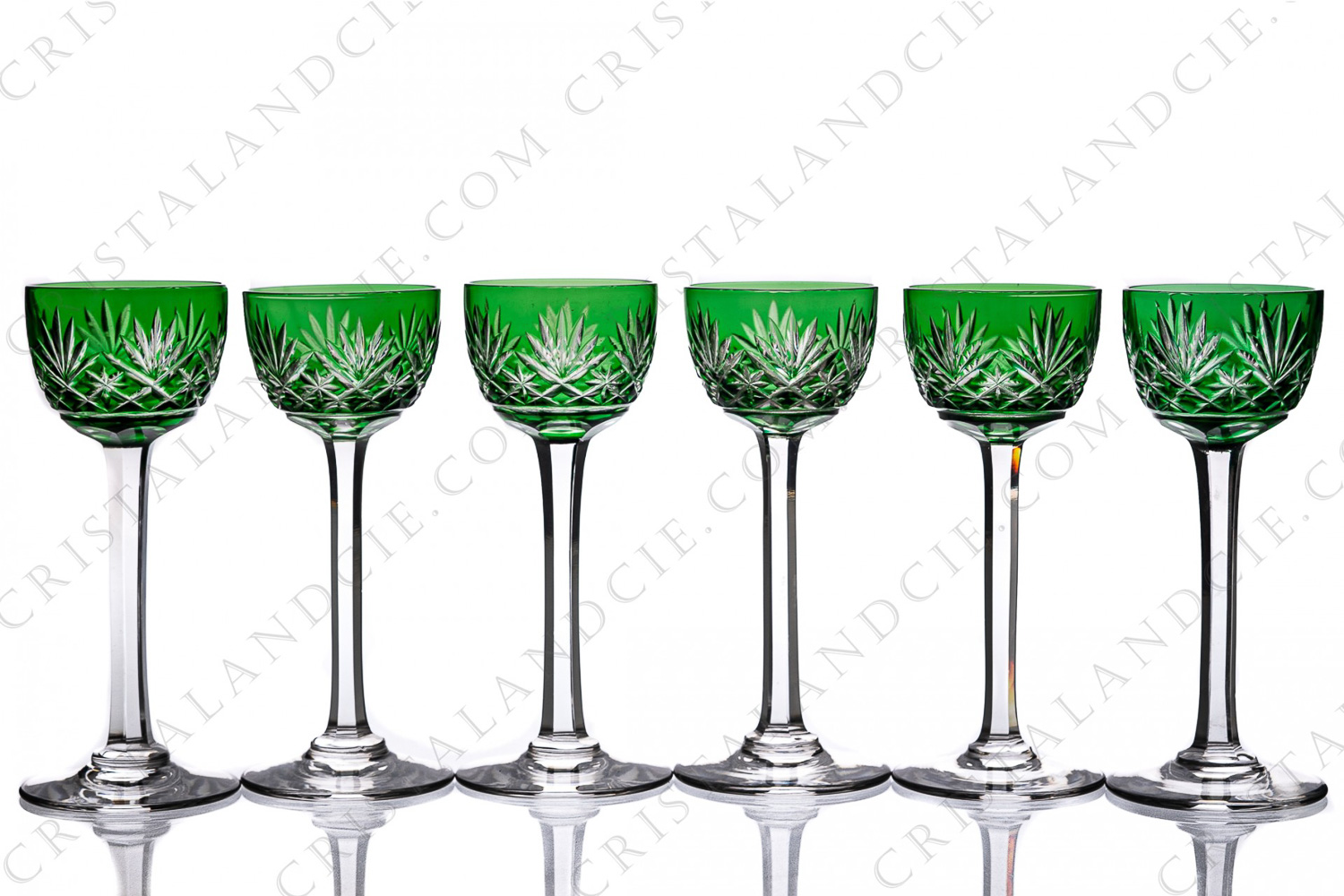 Set of Cordial glasses in green double layer crystal by Saint-Louis pattern Massenet with a cut pattern on the parison and the stem photo-1