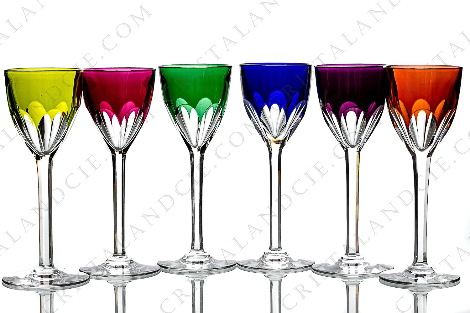 Set of six Rhine wine glasses hocks in double layer crystal by Baccarat pattern Genova decorated with flat cut photo-1