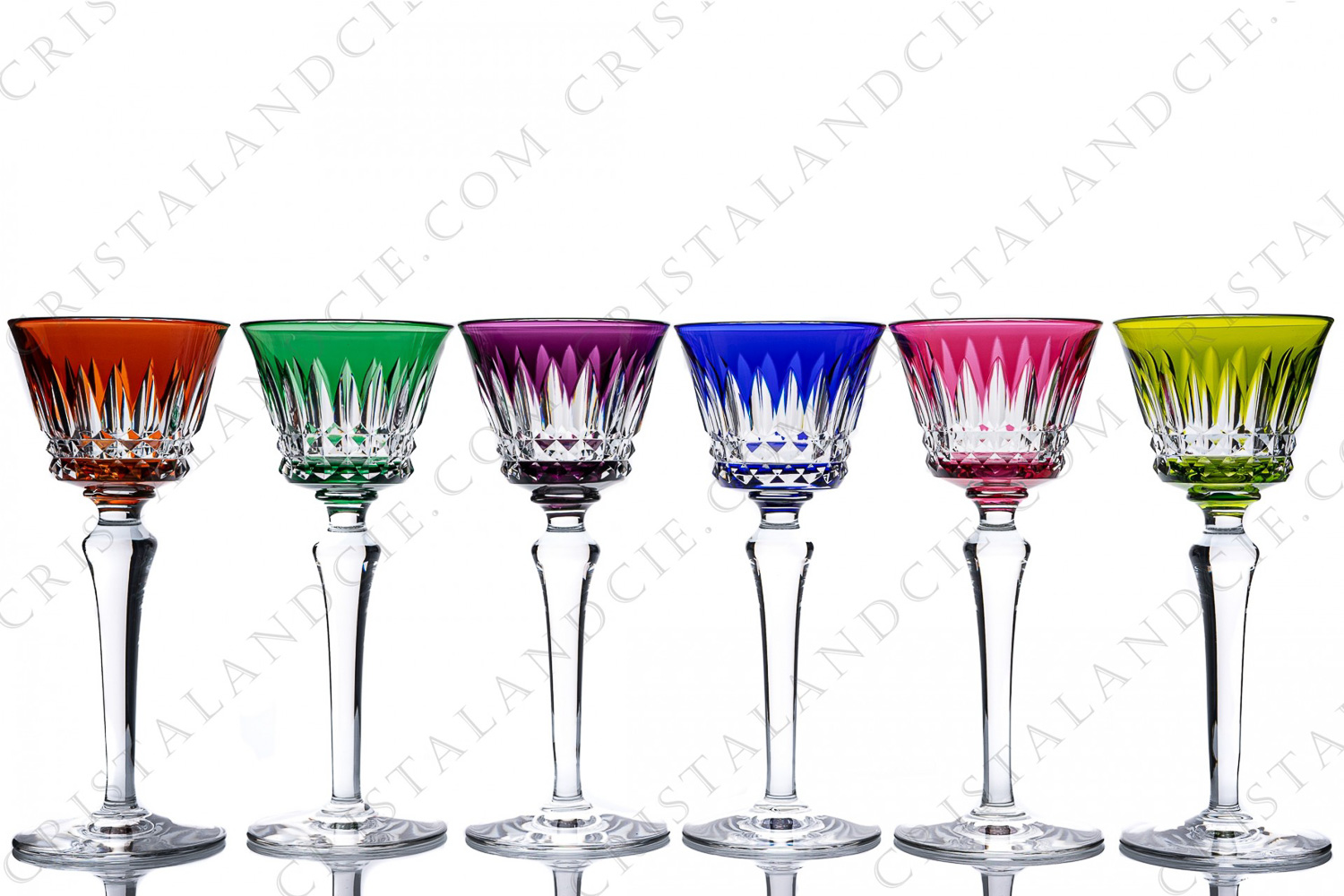 Série de six verres à vin du Rhin, roemers en cristal double-couches de Baccarat modèle Piccadilly à décor taillé photo-1