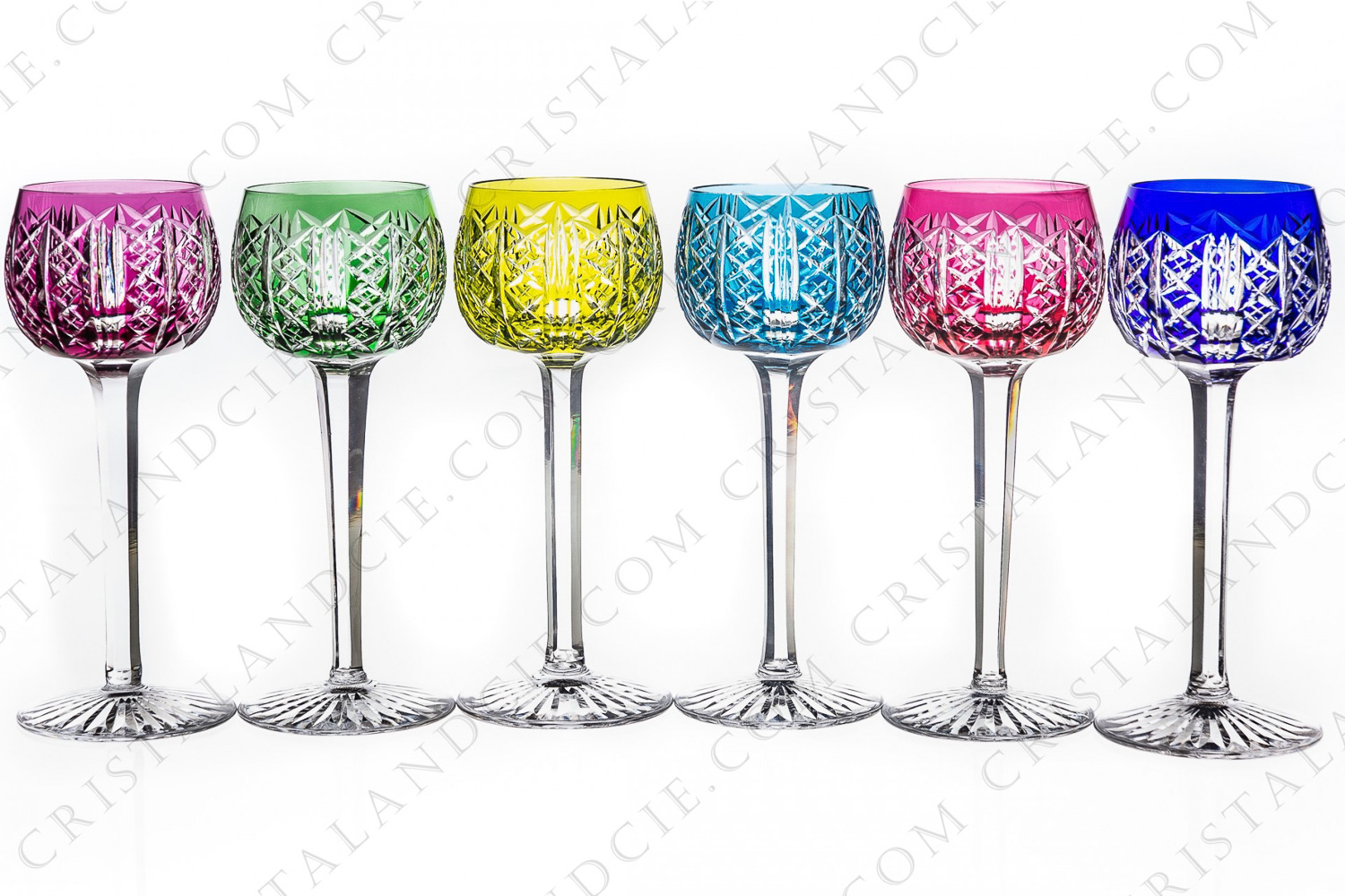 Set of six Rhine wine glasses hocks in double-layer crystal by Saint-Louis pattern Riesling with an important cut pattern of bevels and crosses photo-1