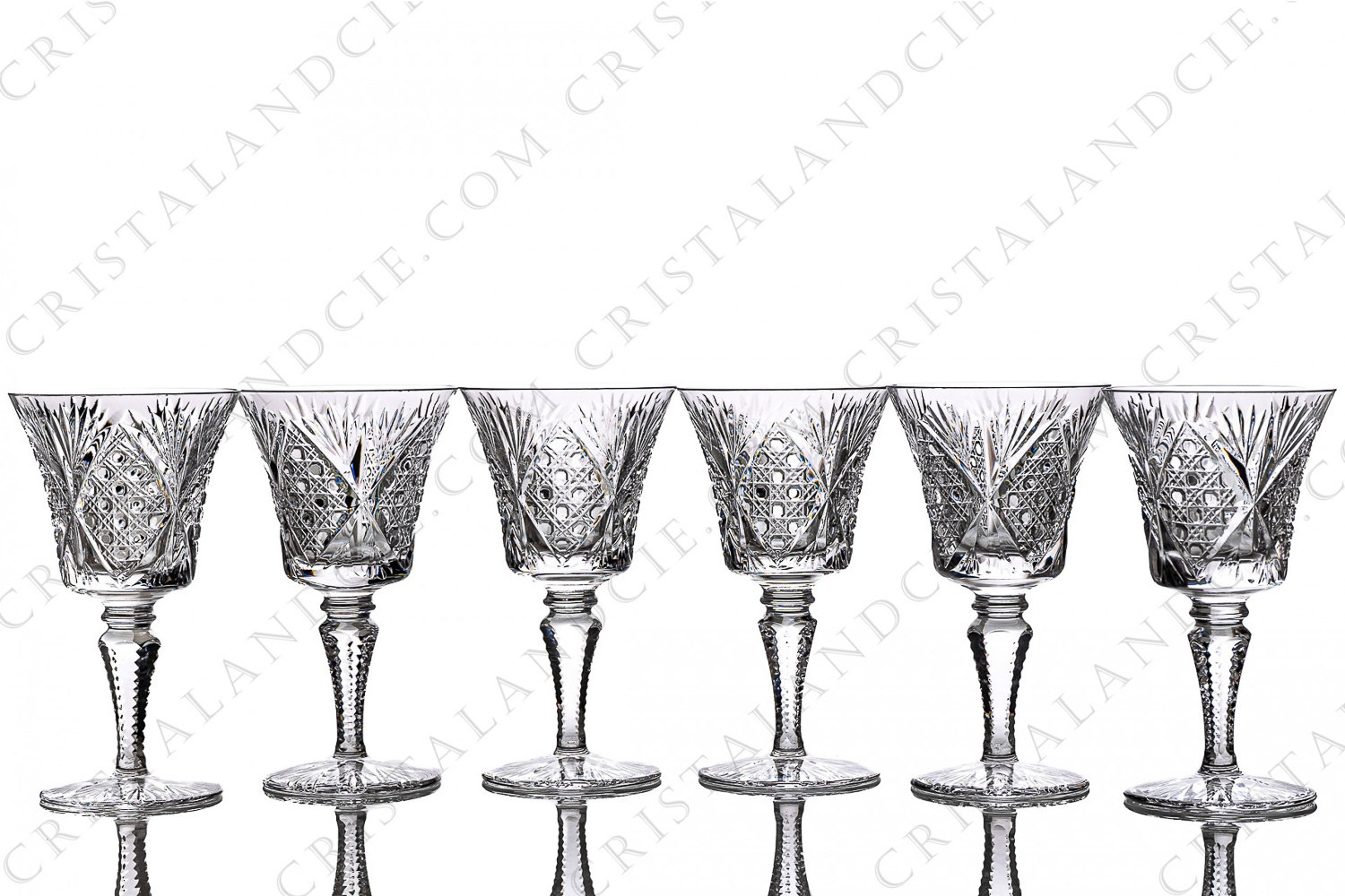 Set of six white wine glasses n°4 in crystal by Saint-Louis pattern Vologne with an important cut pattern photo-1