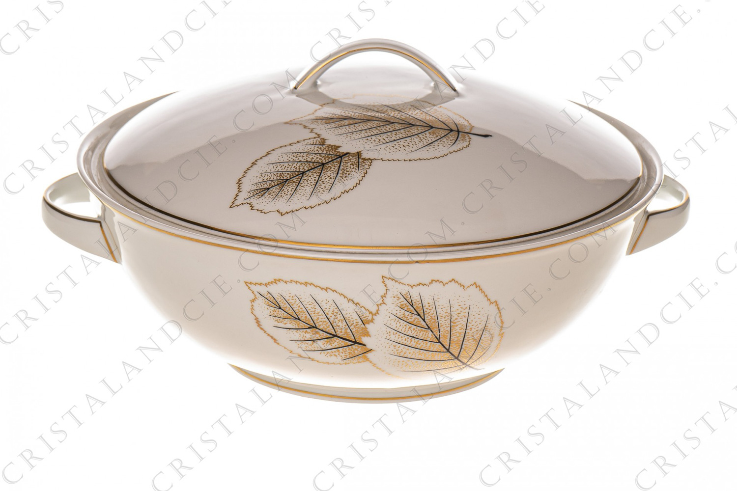 Soup tureen in Limoges china by Bernardaud pattern Catherine created by Nicole Desjardin, decorated with gold and black leaves photo-1