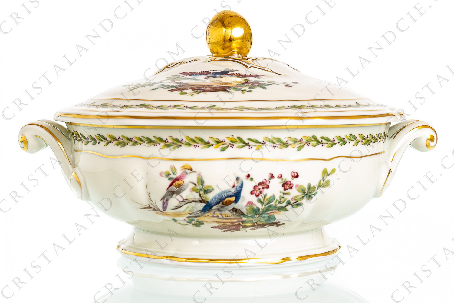 Soup tureen in Limoges china by Bernardaud pattern Chevreuse decorated with polychrome birds on branches, with friezes of leaves and gold borders photo-1