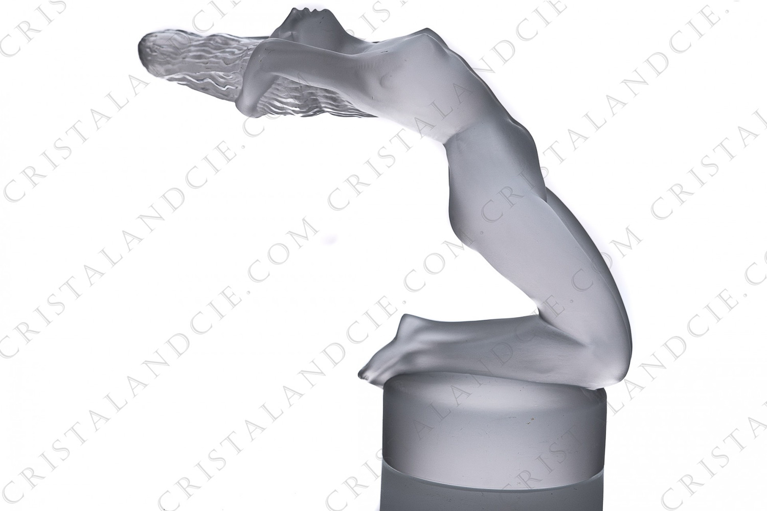 Figurine in frosted crystal by Lalique pattern Chrysis representing the mythological character kneeling and bent back hair in the wind photo-1