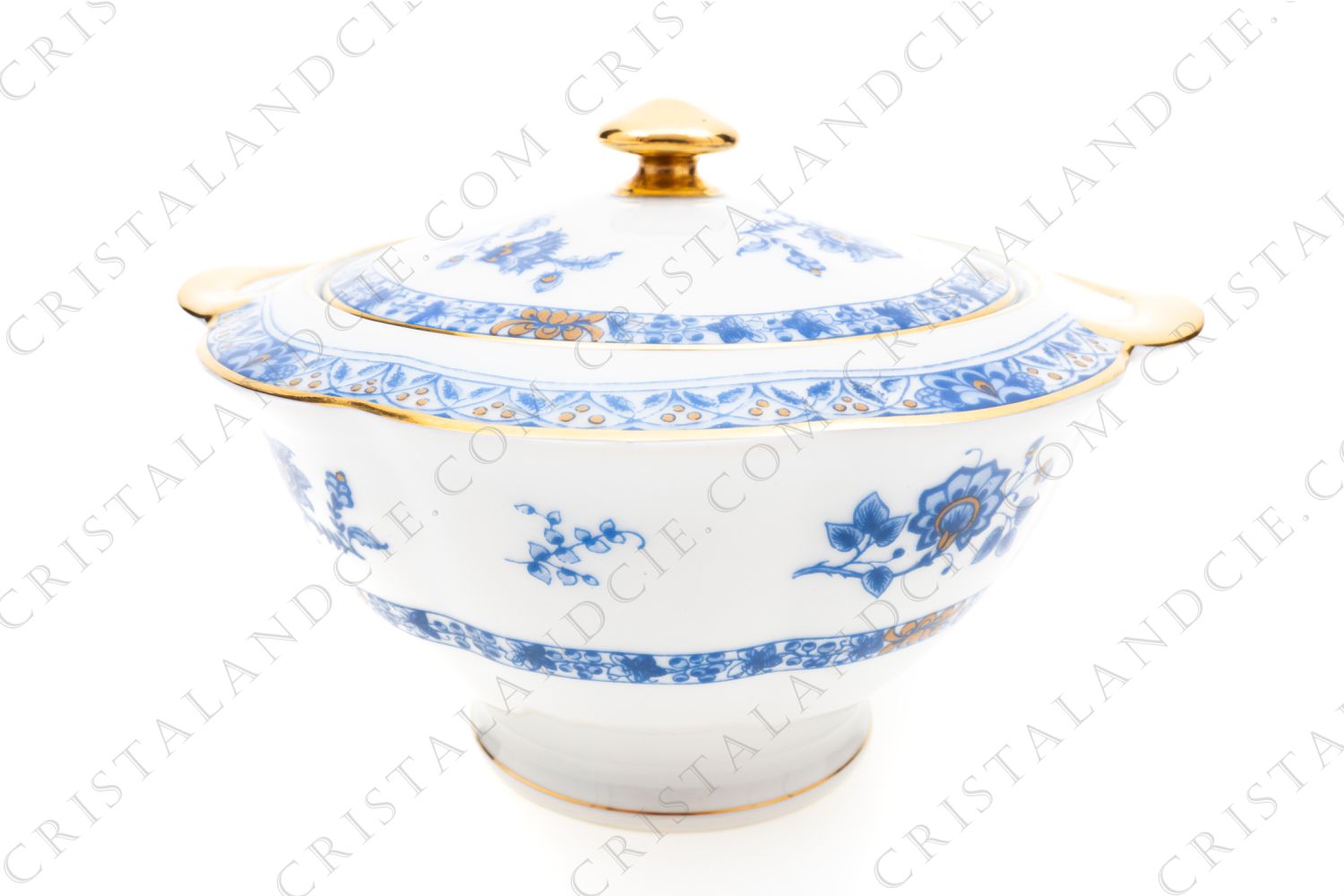 Sucrier en porcelaine de Limoges de la maison Haviland modèle Arbre bleu forme Lutèce orné d un arbre fleuri pourpre et jaune en son centre, de frises végétales et d un liseré or photo-1