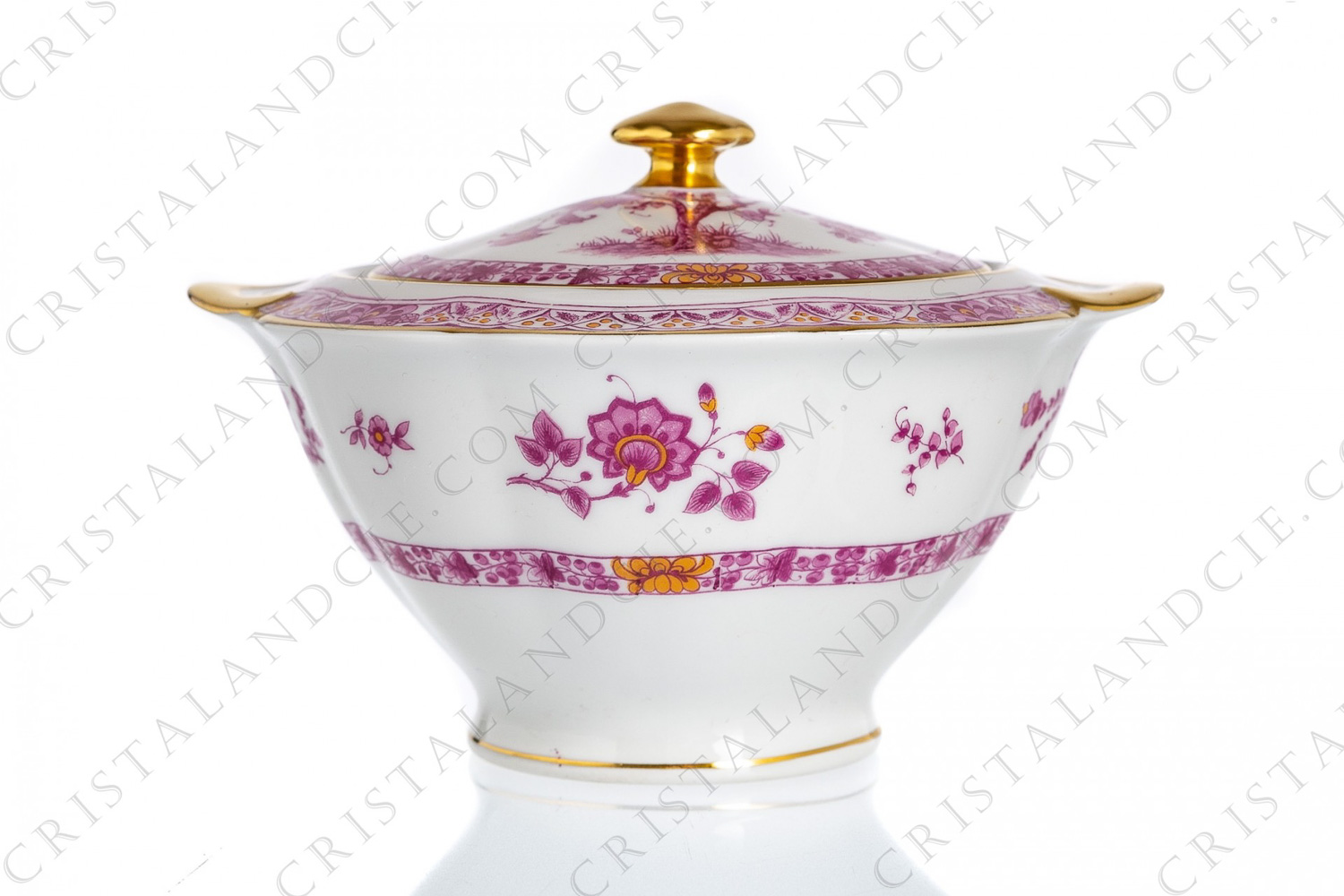 Sugar bowl in Limoges china by Haviland pattern Arbre pourpre shape Lutece decorated with a purple and yellow flowered tree in the middle, with vegetables friezes and with a gold border photo-1