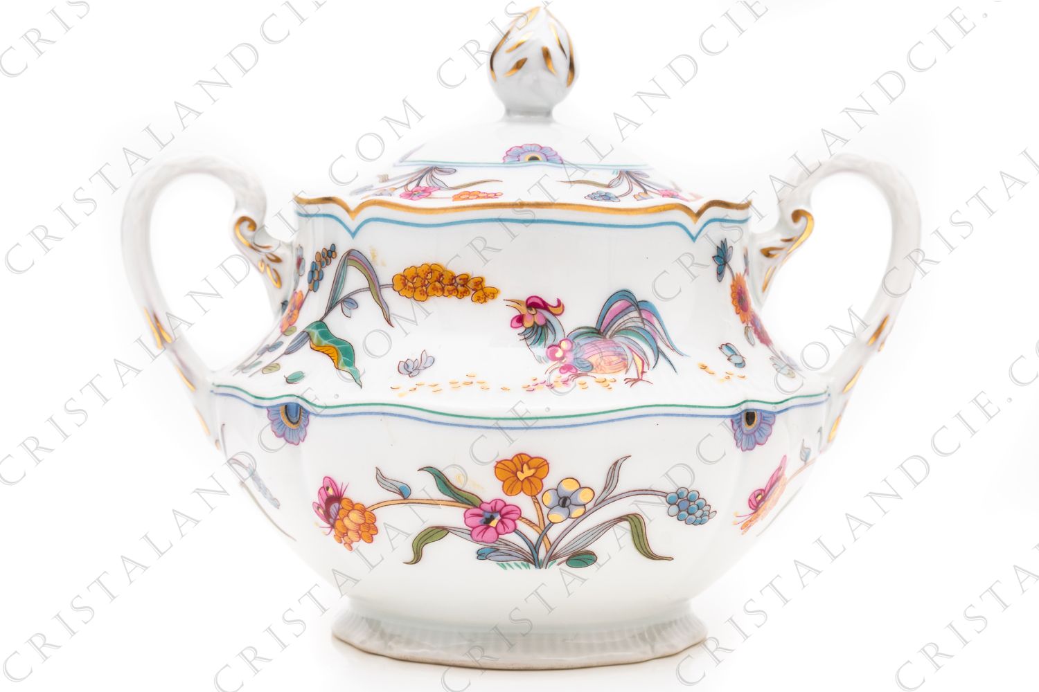 Sugar bowl in Limoges china by Haviland pattern Golden Quails decorated with quails and roosters, butterflies and polychromes flowers enhanced with gold photo-1