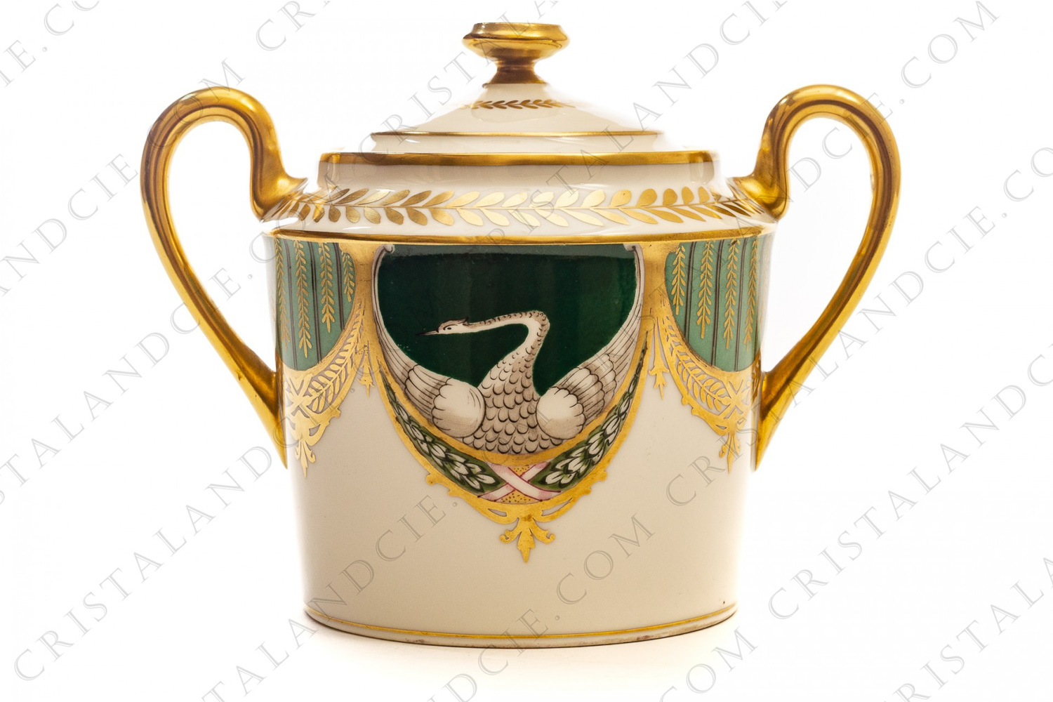 Sugar bowl in china of Limoges by Charles Ahrenfeldt hand painted with swans on a green background, and green and gold garlands and friezes photo-1