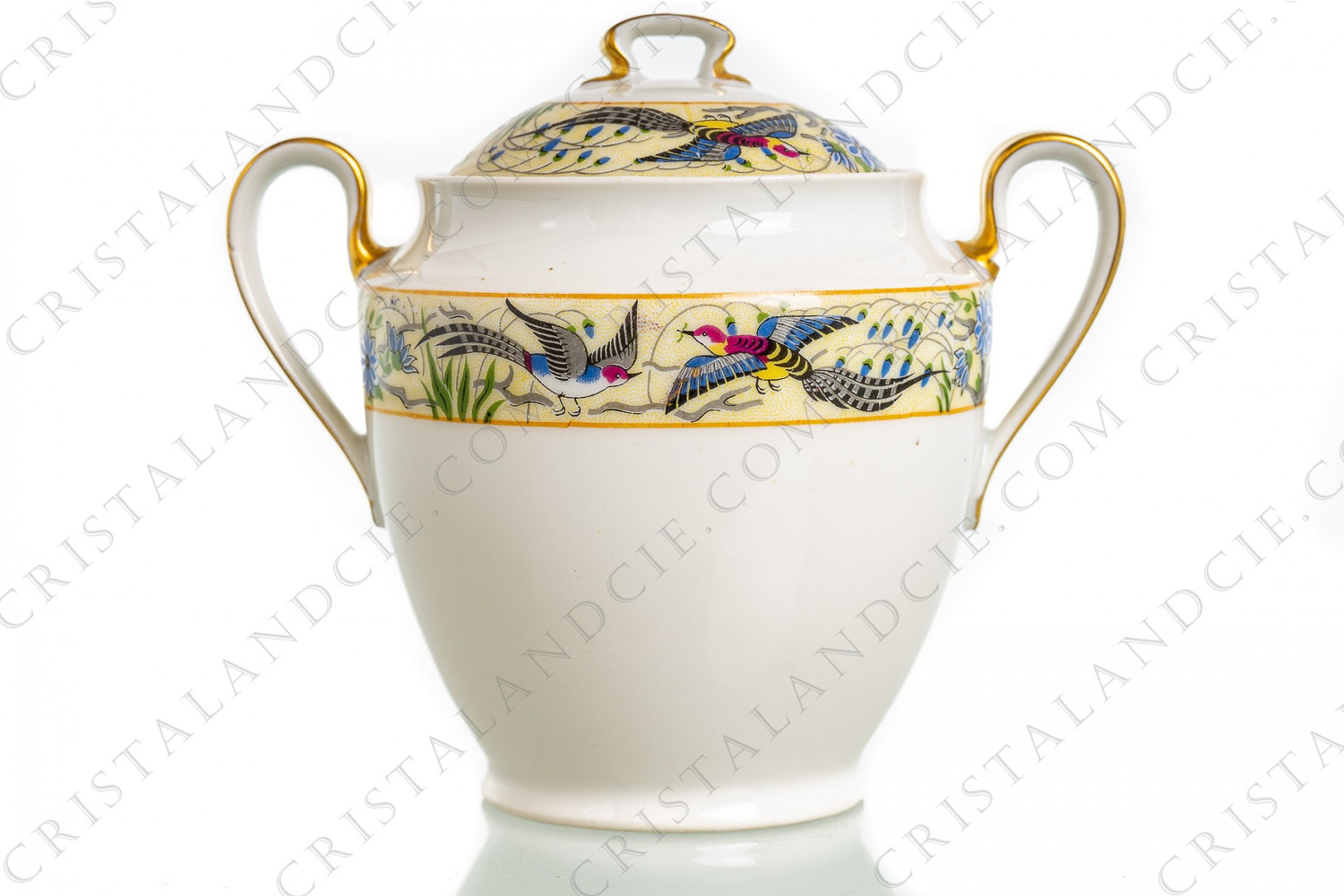 Sugar bowl in Limoges china by William Guerin and Cie decorated with a polychrome frieze of flowers and birds of paradise photo-1