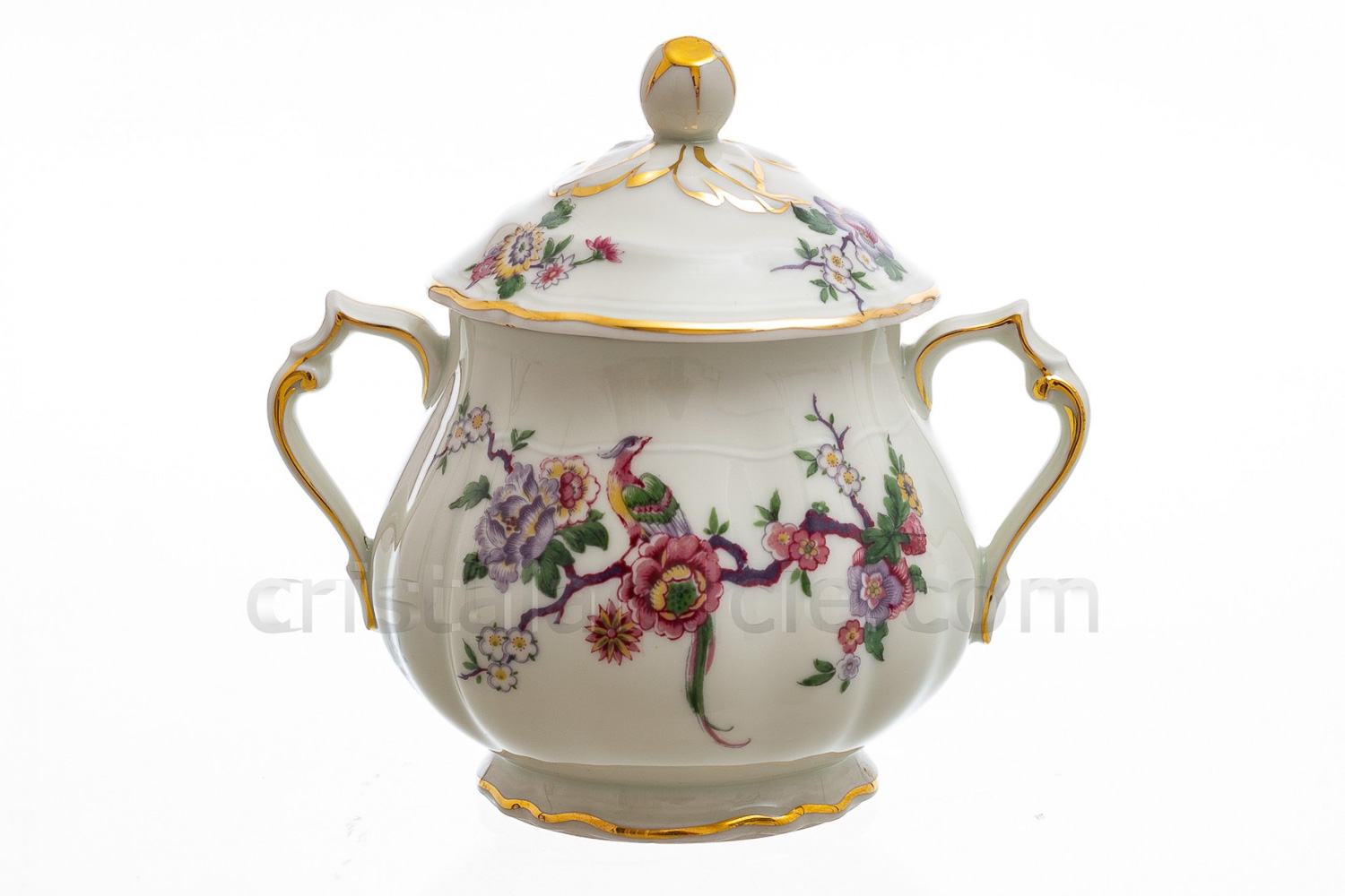 Sugar bowl in china of Limoges by Bernardaud pattern Bengali decorated with polychromes flowers and birds of paradise photo-1