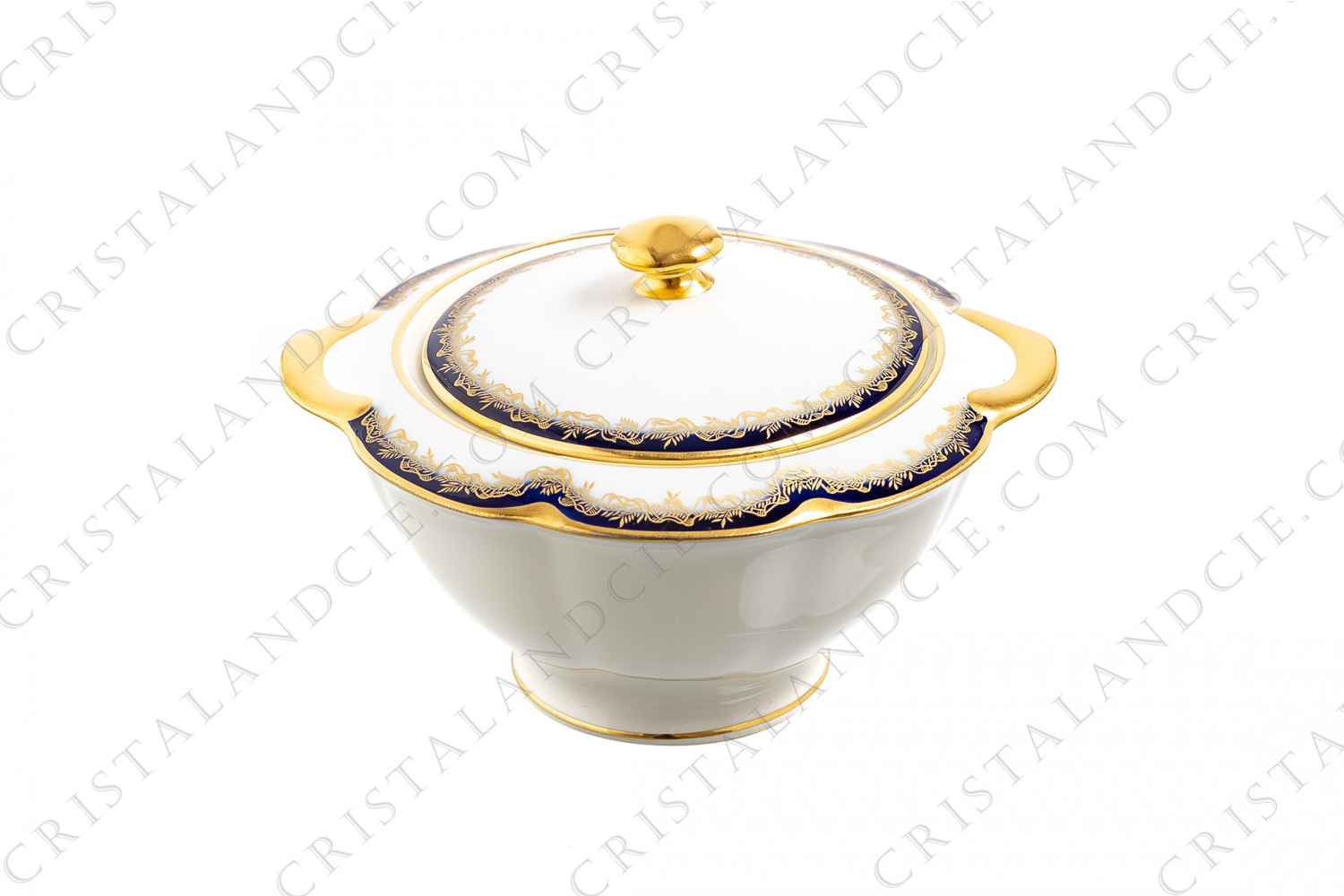 Sucrier en porcelaine de Limoges de la maison Théodore Haviland orné de bandes bleu de four et or et d une frise de rubans et feuilles or photo-1