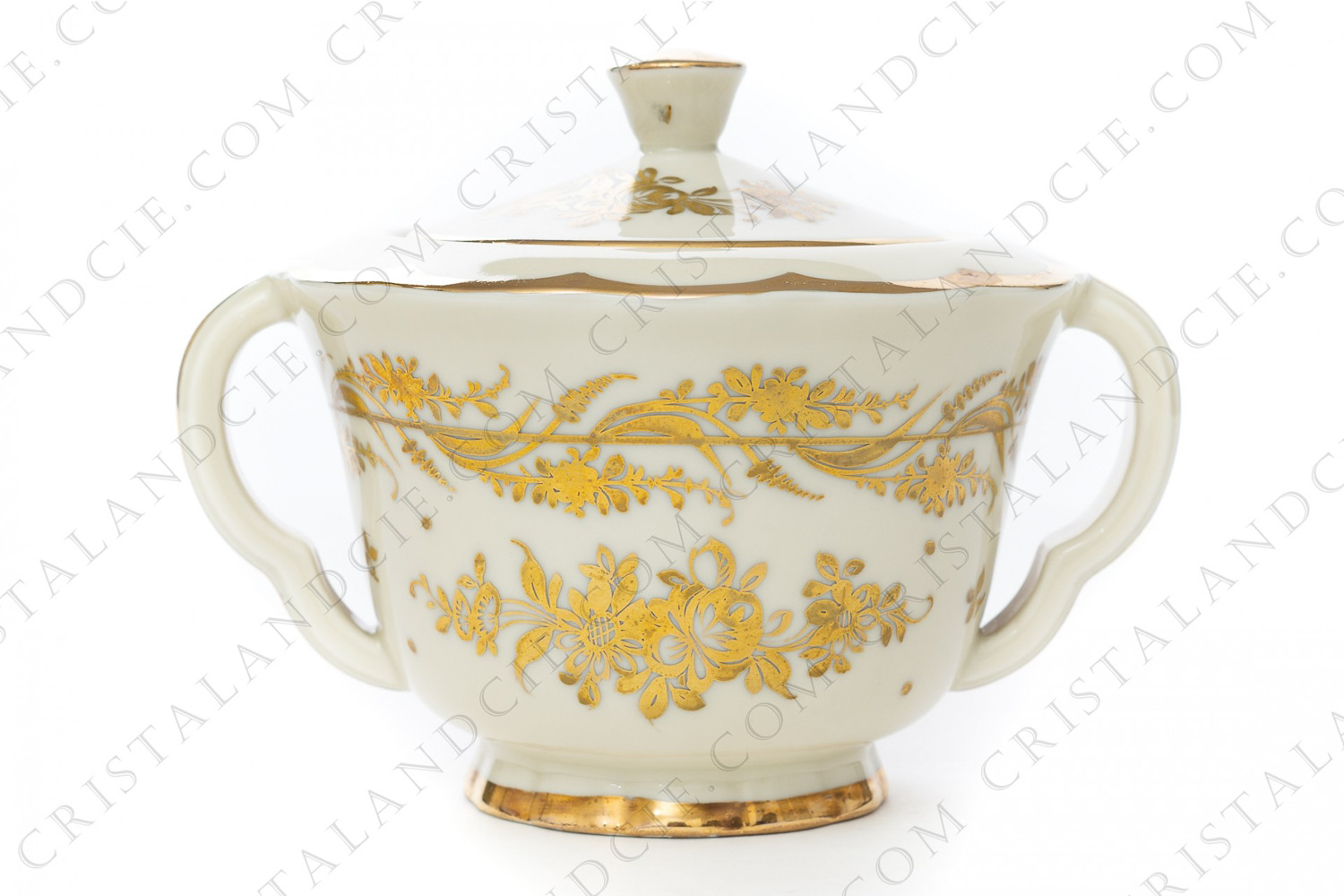 Sugar bowl in china of Limoges by Haviland decorated with hand painted gold flowers photo-1