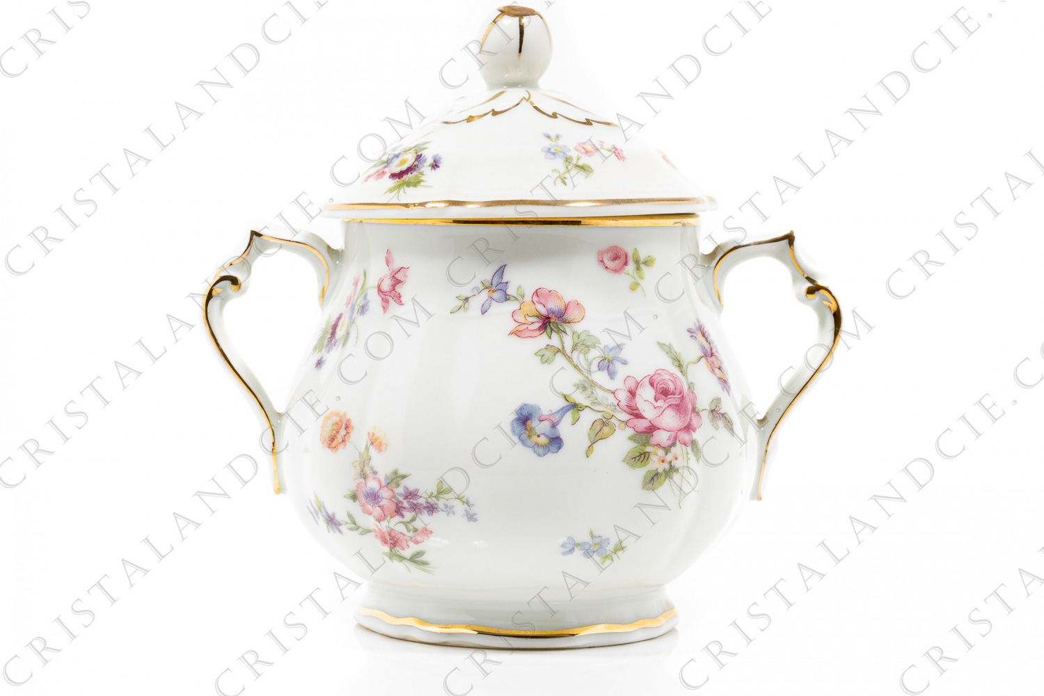 Sucrier en porcelaine de Limoges de la maison Bernardaud forme Régence orné de fleurs polychromes photo-1