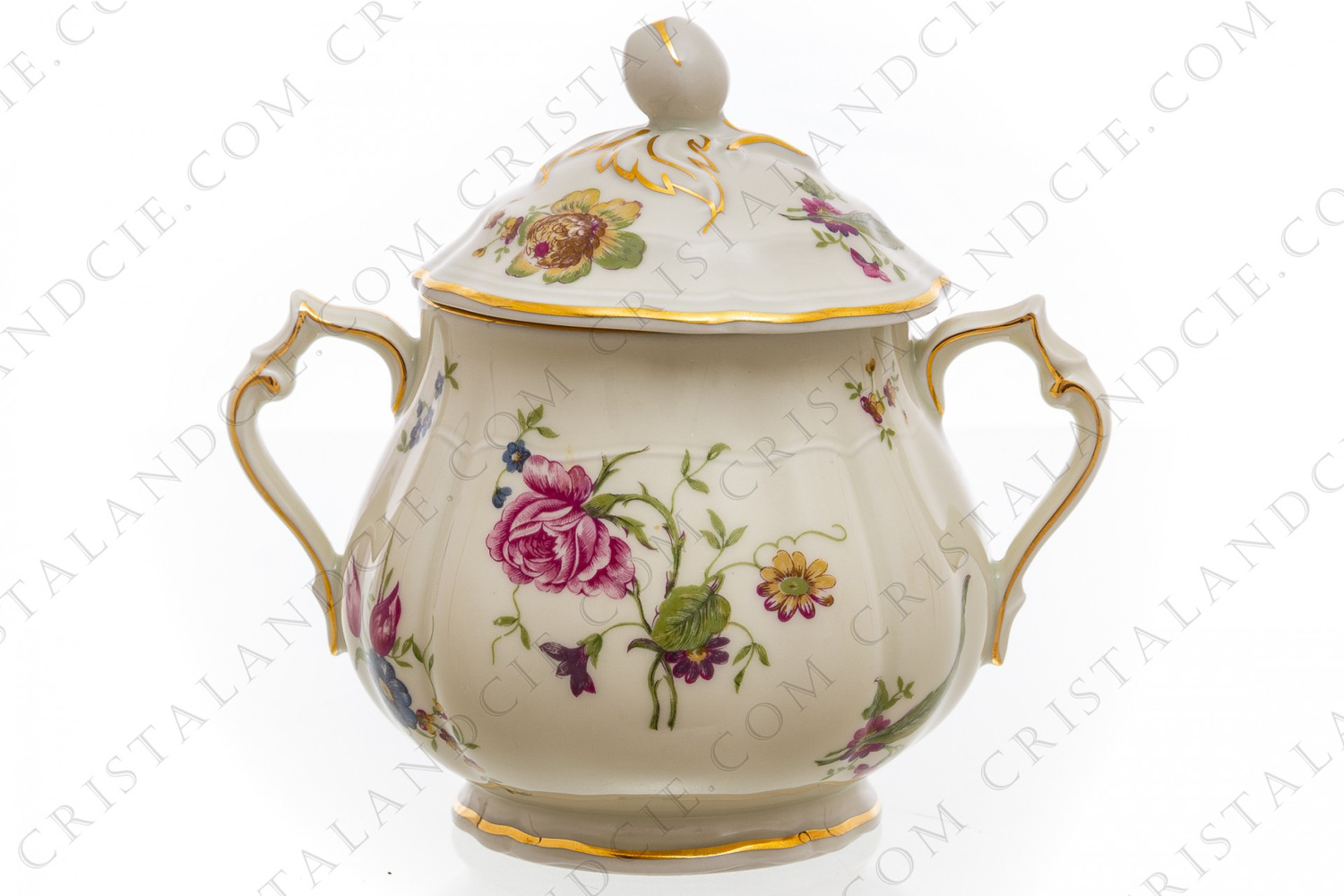 Sucrier en porcelaine de Limoges de la maison Bernardaud forme Régence décoré de fleurs polychromes photo-1