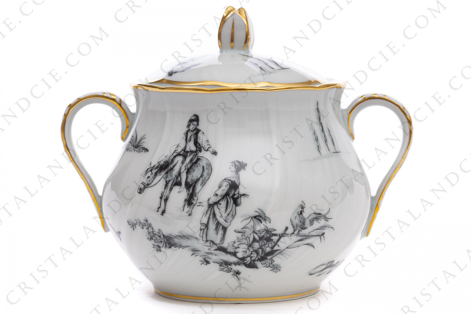Sugar bowl in Limoges china by Bernardaud for Christofle pattern Marie-Antoinette decorated with grey pastoral pictures according to a drawing of the French painter Paul Huet for the queen Marie-Antoinette photo-1
