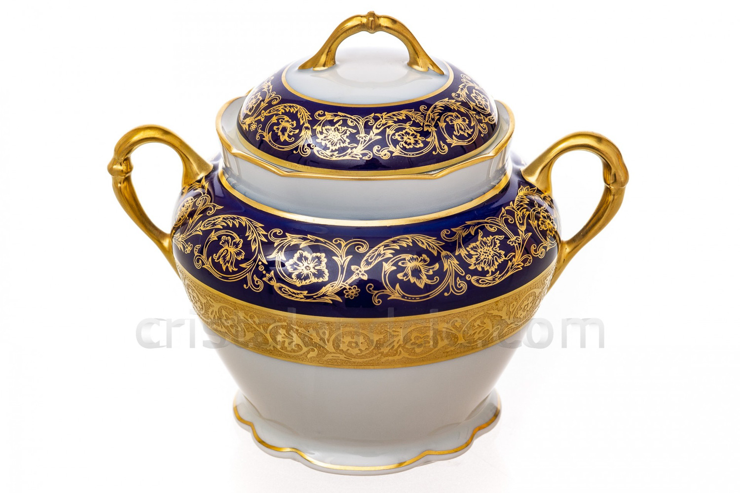 Sugar bowl in china of Limoges by Bernardaud pattern Monte Carlo cobalt blue richly decorated with flowered arabesques on a cobalt blue background and gold inlays photo-1