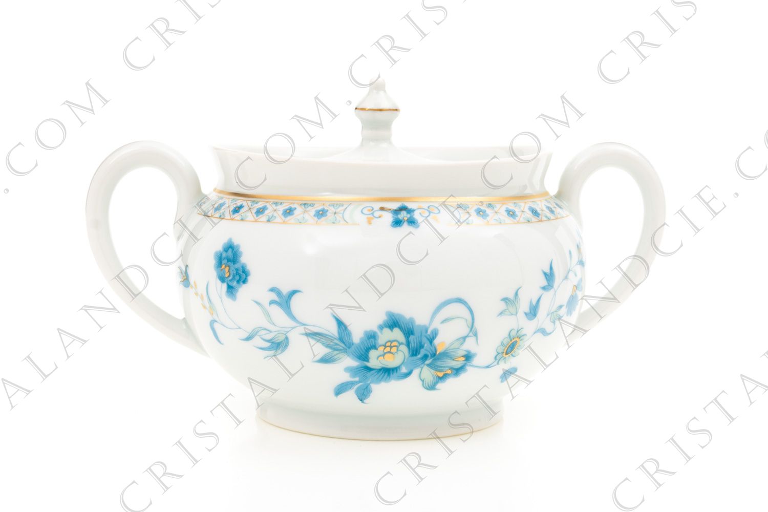 Sucrier en porcelaine de Limoges de la maison Haviland modèle Nankin à décor de fleurs en camaïeu de bleus et rehauts or photo-1