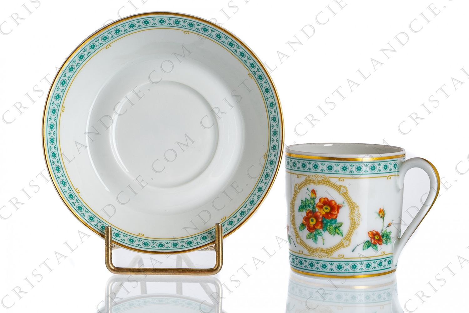 Coffee cup in Limoges china by Haviland collection Empress Josephine pattern Austrian Copper, decorated with polychromes Austrians roses and with green and gold friezes and borders photo-1