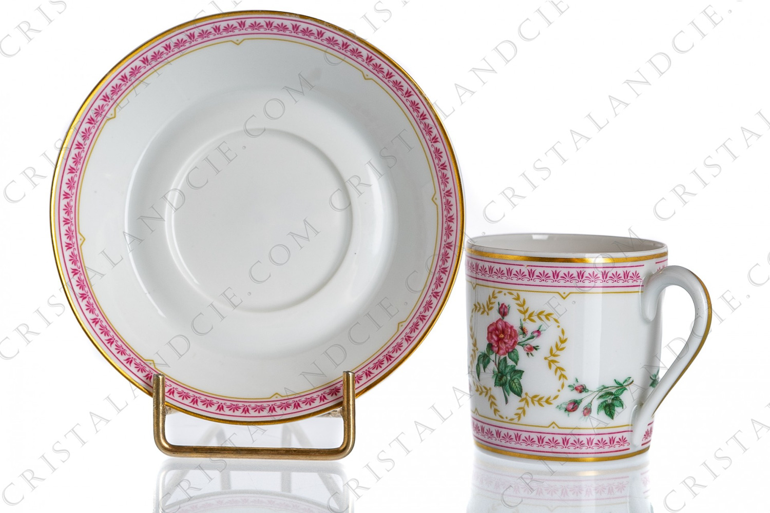 Coffee cup in Limoges china by Haviland collection Empress Josephine pattern Empress Josephine, decorated with polychromes roses and with pink and gold friezes and borders photo-1