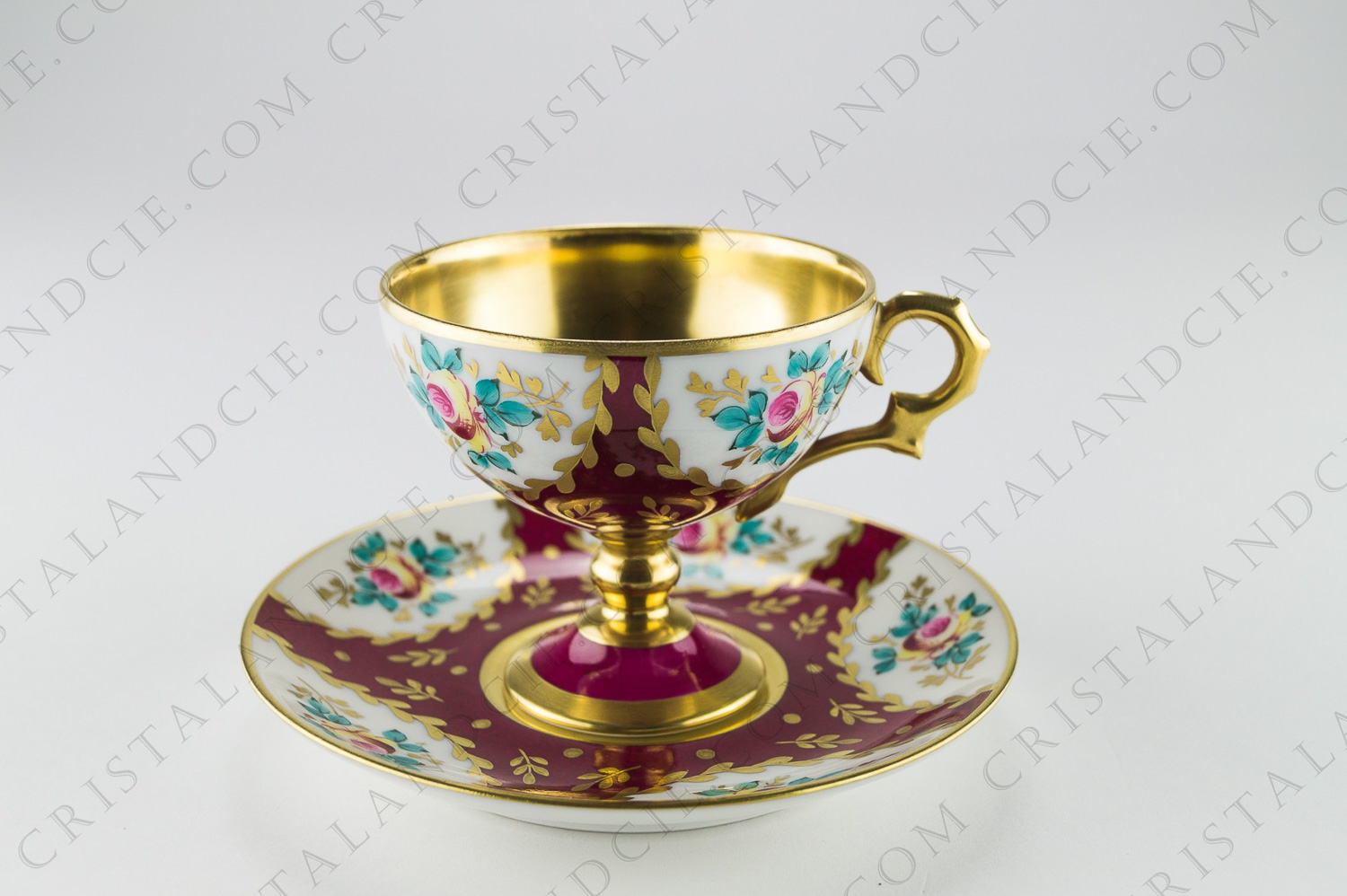 Coffee cup on foot in Limoges china by Giraud, hand-decorated by Carmona with polychromes roses on a pink and gold background photo-1