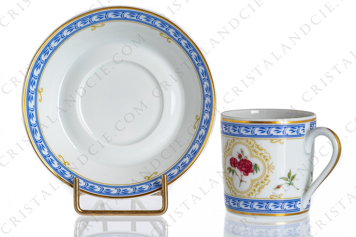 Coffee cup in Limoges china by Haviland collection Empress Josephine pattern L Evêque, decorated with polychromes Austrians roses and with blue and gold friezes and borders photo-1