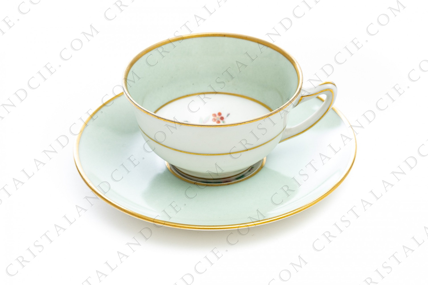 Coffee cup in china of Limoges by Haviland et Parlon decorated with a clear green stripe and with a polychrome bouquet of flowers signed Paul photo-1