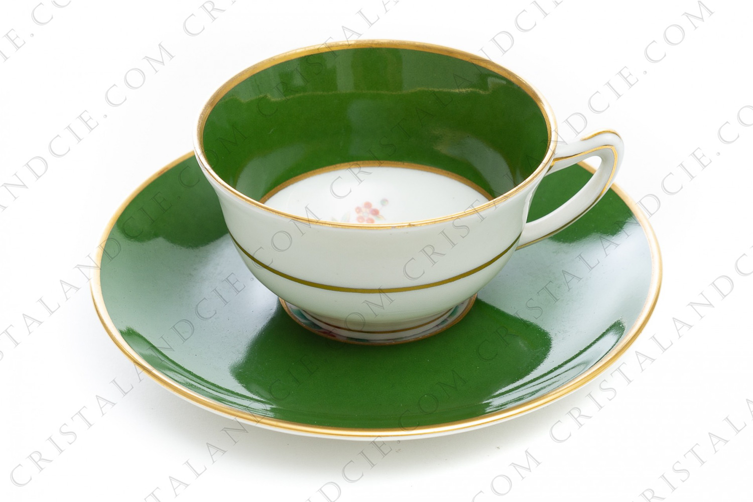 Coffee cup in china of Limoges by Haviland et Parlon decorated with a green stripe and with a polychrome bouquet of flowers signed Paul photo-1