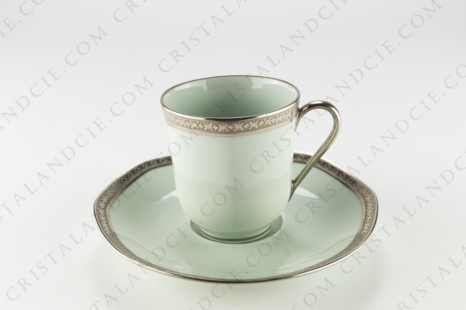 Coffee cup in Limoges china by Raunaud pattern Messina, celadon paste decorated with platinum inlays polished with agate photo-1