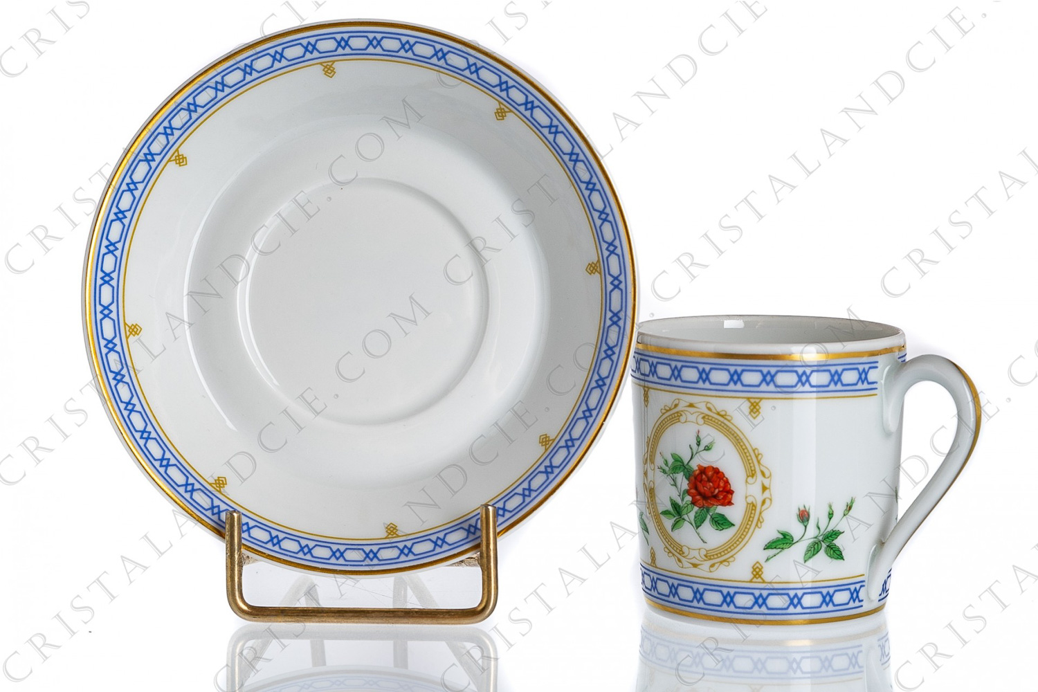Coffee cup in Limoges china by Haviland collection Empress Josephine pattern Maiden s Blush, decorated with polychromes roses and with blue and gold friezes and borders photo-1