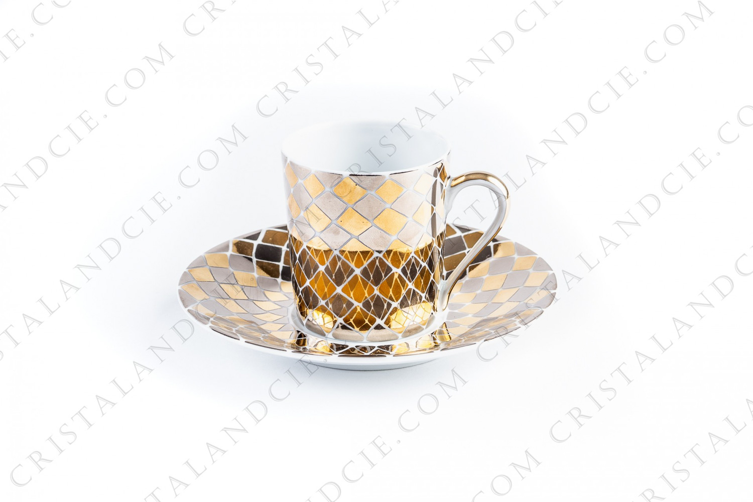 Coffee cup in Limoges china by the workshop Philippe Deshoulières, decorated by Yves Saint-Laurent pattern Menara, decorated with hand painted gold diamonds photo-1