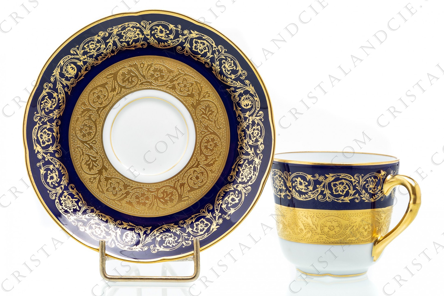 Coffee cup in china of Limoges by Bernardaud pattern Monte Carlo cobalt blue richly decorated with flowered arabesques on a cobalt blue background and gold inlays photo-1
