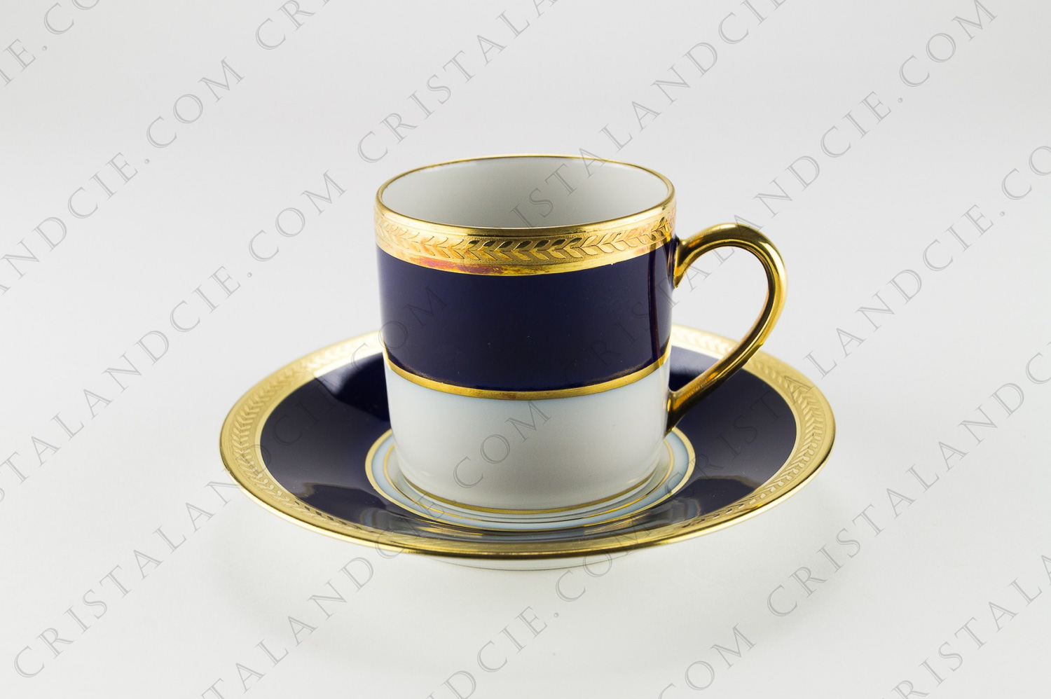 Coffee cup in Limoges china by Bernardaud pattern Palaiseau, decorated with cobalt blue frieze and gold inlays photo-1