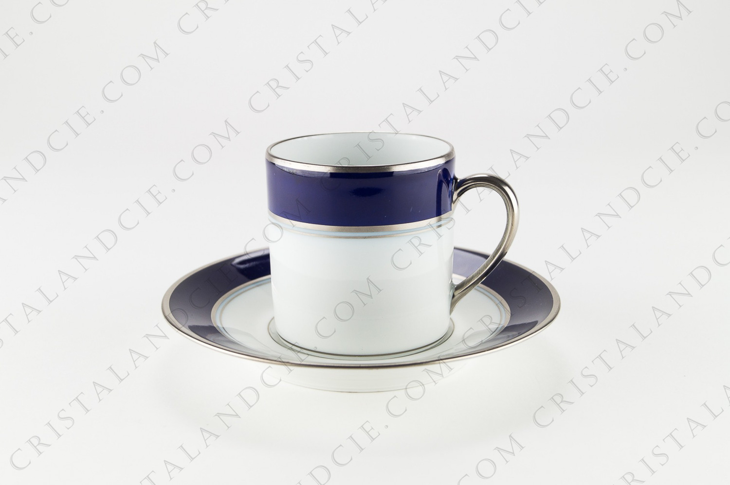 Coffee cup in Limoges china by Bernardaud pattern platinum Pavie, decorated with platinum and cobalt blue friezes photo-1