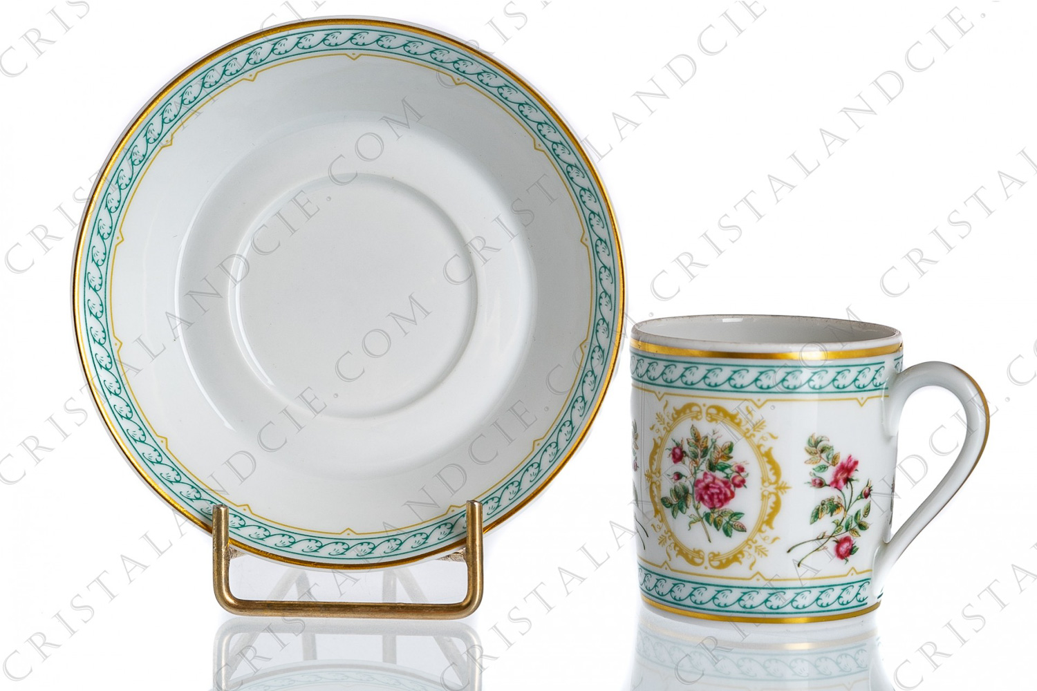 Coffee cup in Limoges china by Haviland collection Empress Josephine pattern Rose d Amour, decorated with polychromes roses and with green and gold friezes and borders photo-1