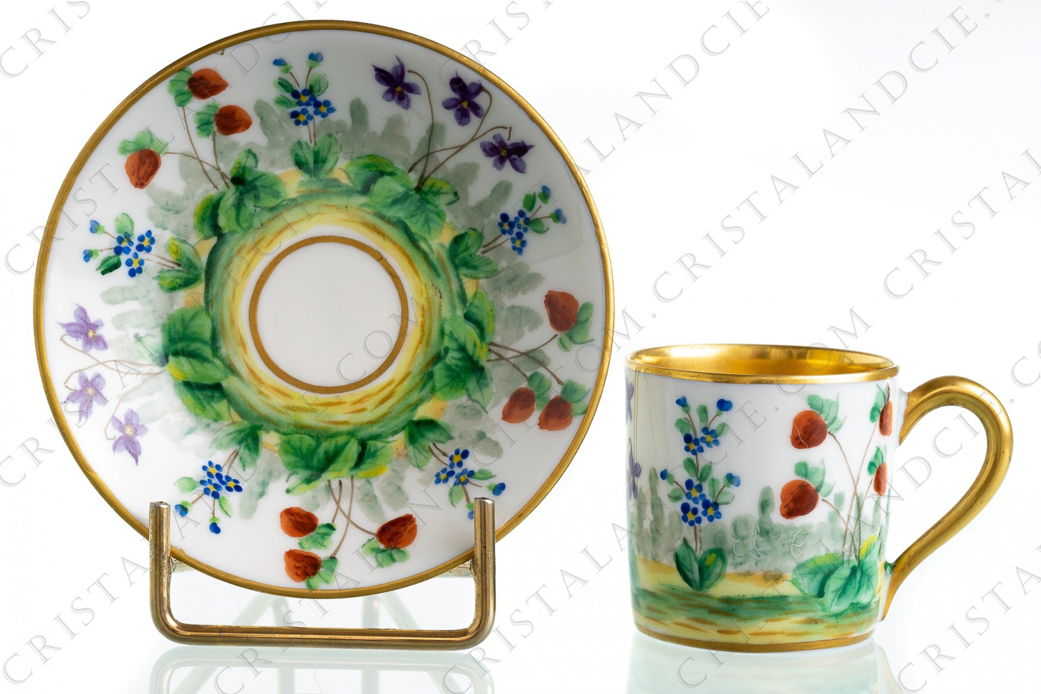 Expresso cup in Limoges china with a hand painted pattern of strawberries and flowers, gold handle and inside photo-1
