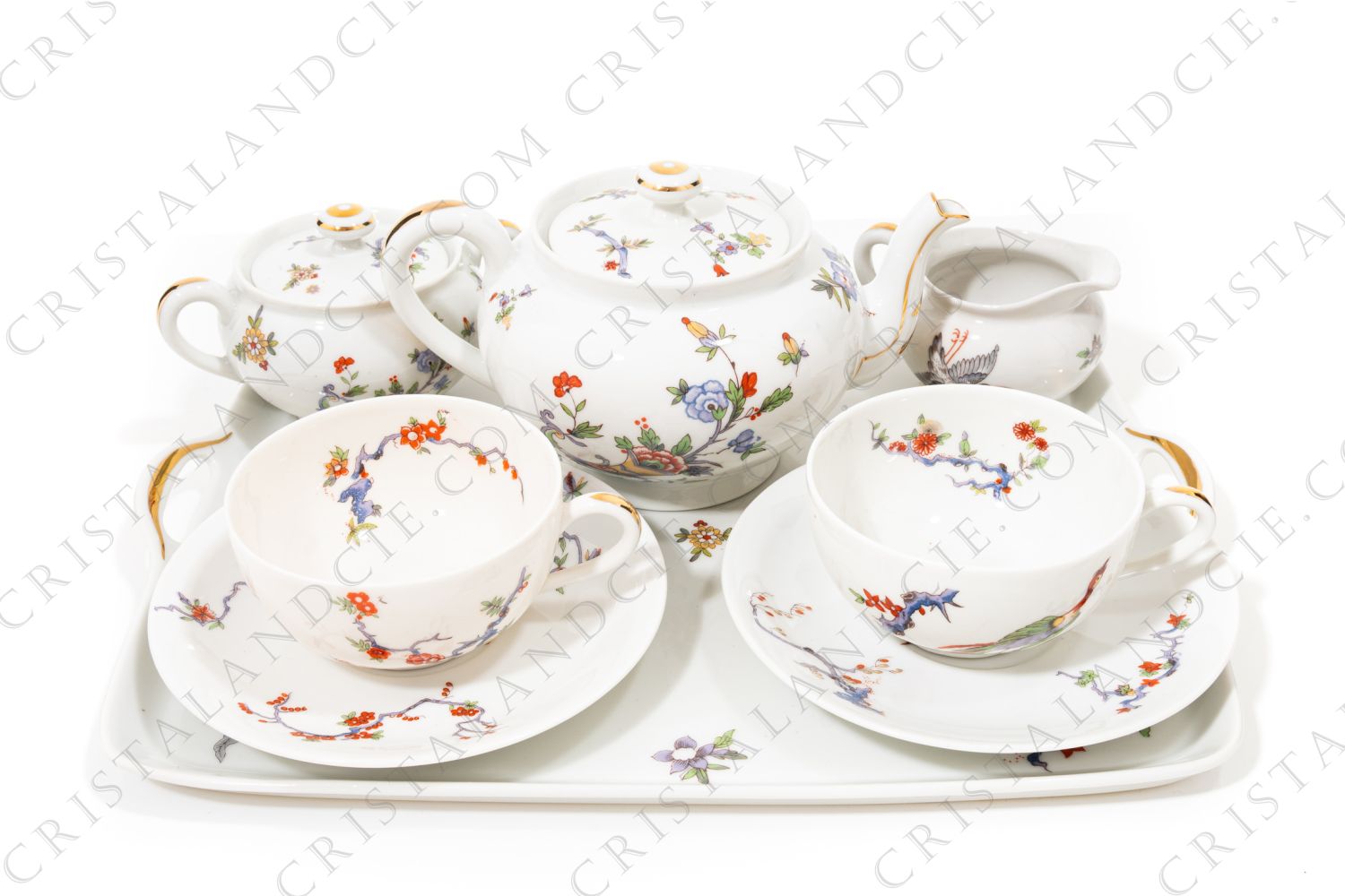 Breakfast set in Limoges china by Bernardaud pattern Condé decorated with polychromes birds of paradise and flowers photo-1